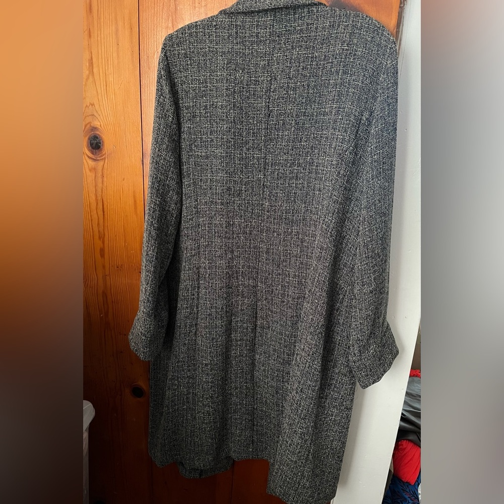 Tan like,  blue like and black jacket with buttons comes to knee